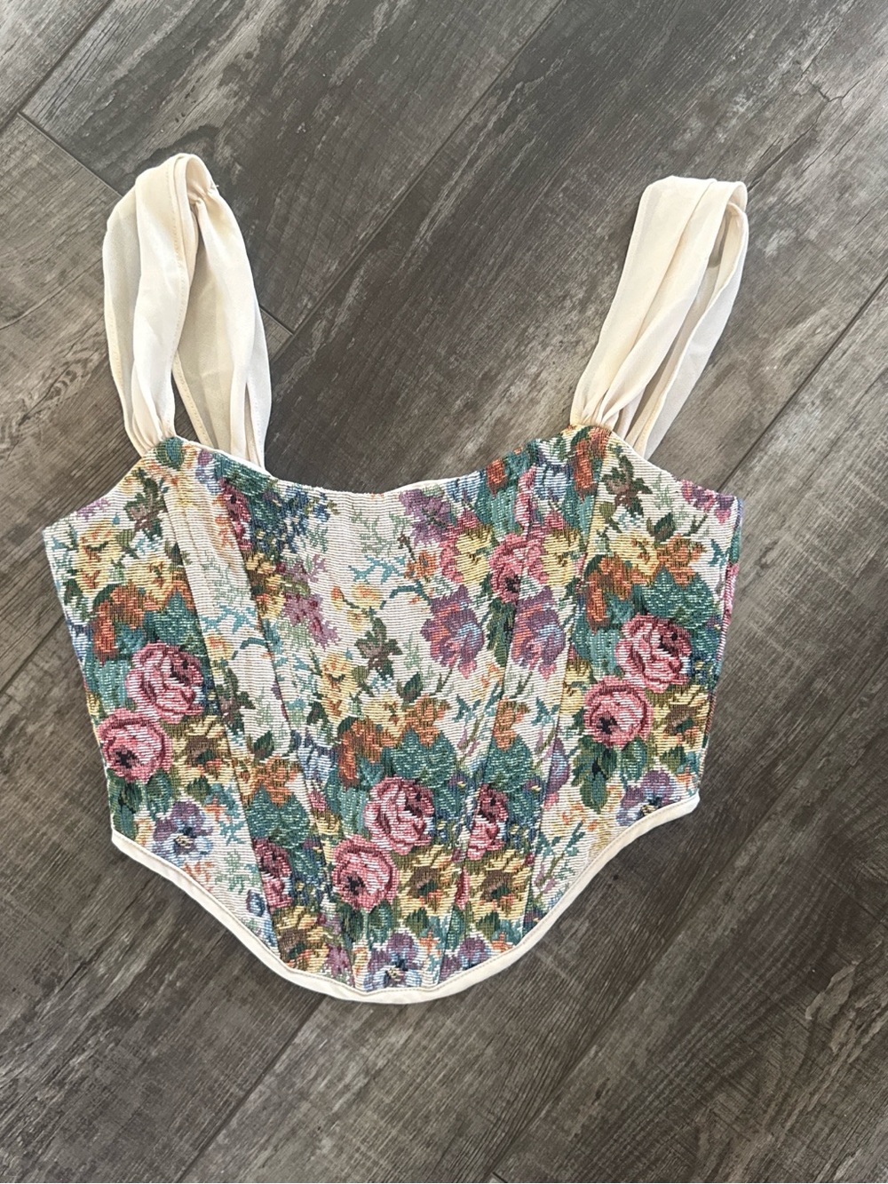 Altar’D Stars 
Floral Tapestry Corset Top in Cream and Pink